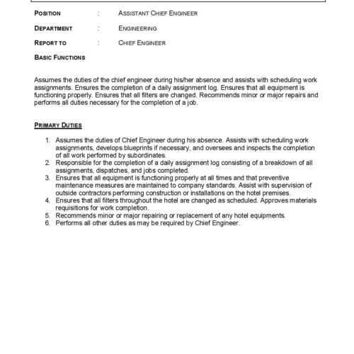 JD Chief Engineering assistant