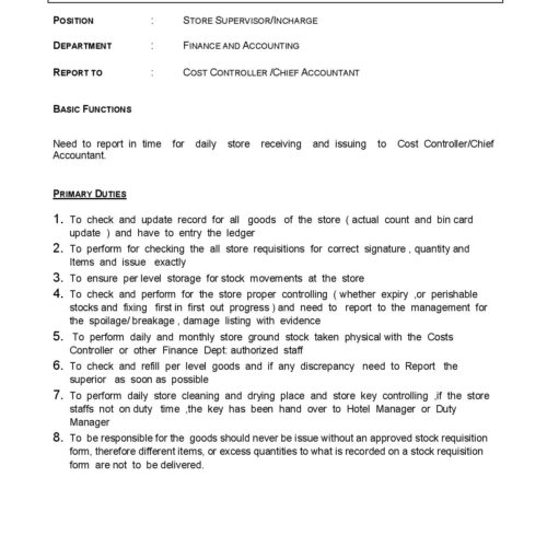 JD Storekeeper supervisor