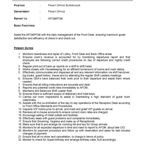 JD Front office supervisor