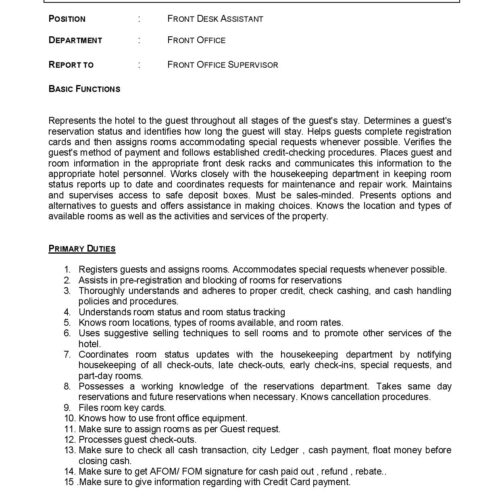 JD Front office Manager assistant